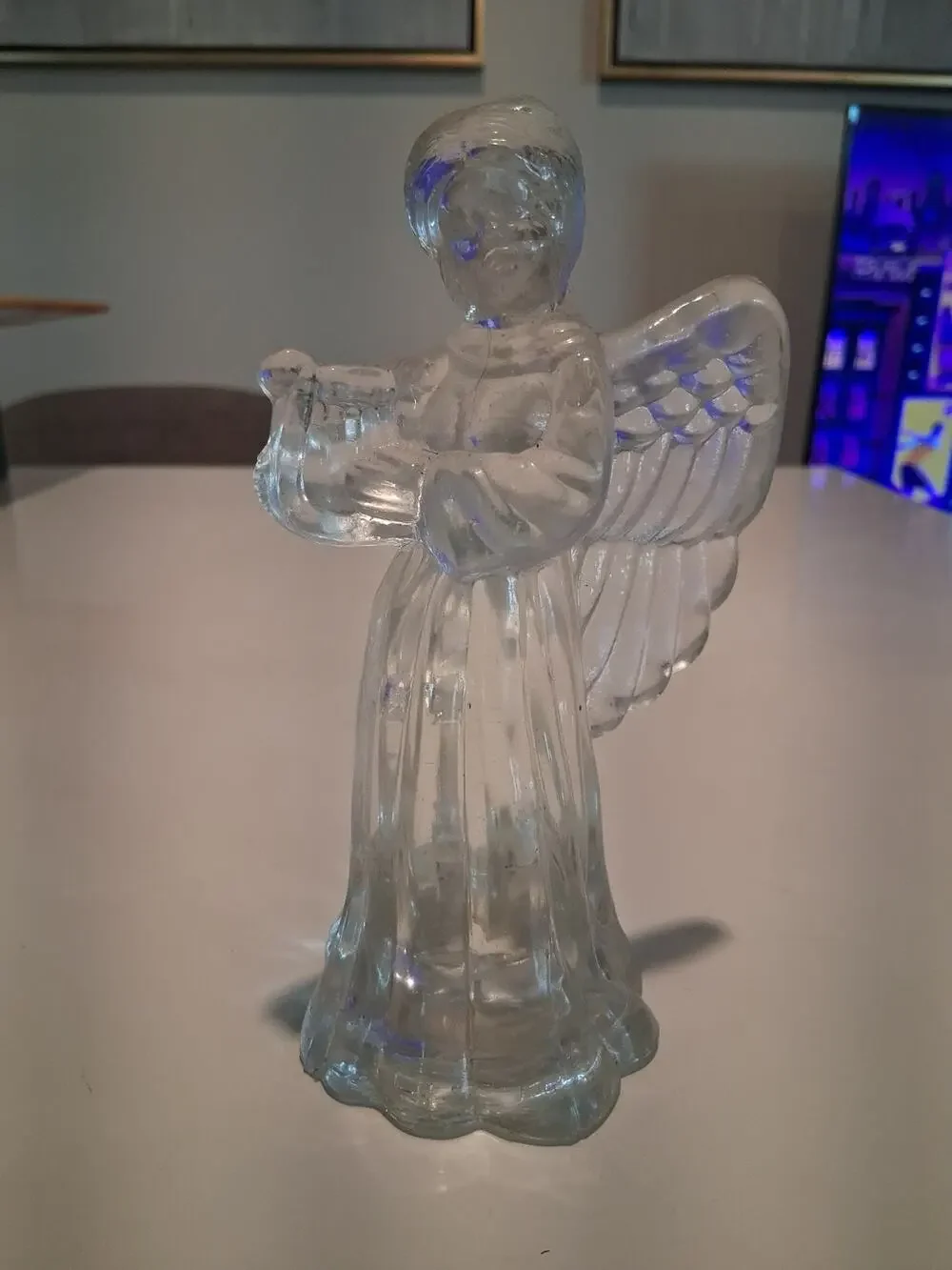 Vintage Clear Glass Angel Candlestick Holder Figurine Playing Harp Christmas...